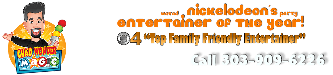 Chad Wonders Logo and phone 303-909-6226 to book a magic show Denver kids magician Chad Wonder's magic show 303-909-6226
